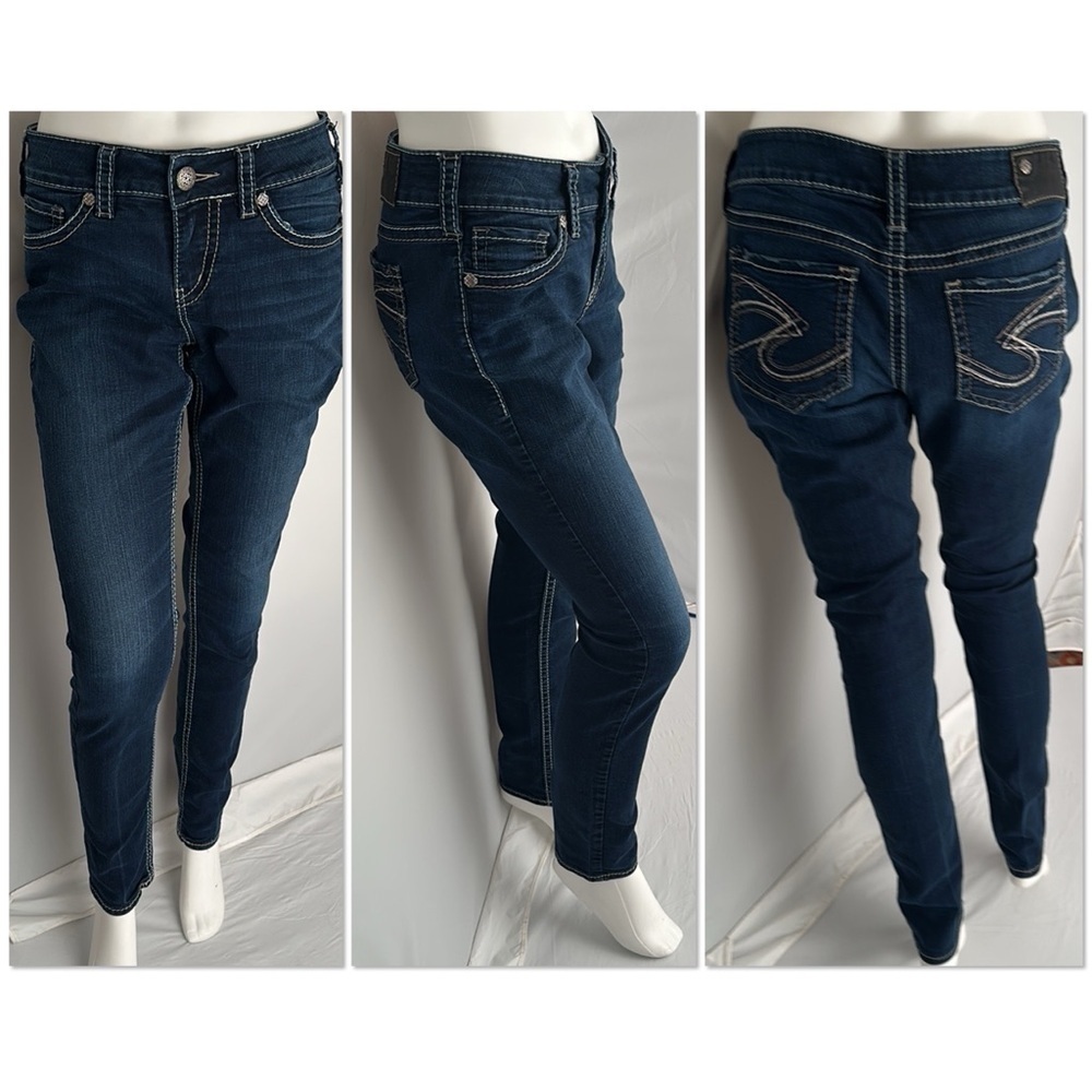 Silver Suki Mid Skinny dark rinse contrast stitching 5 pocket blue jeans